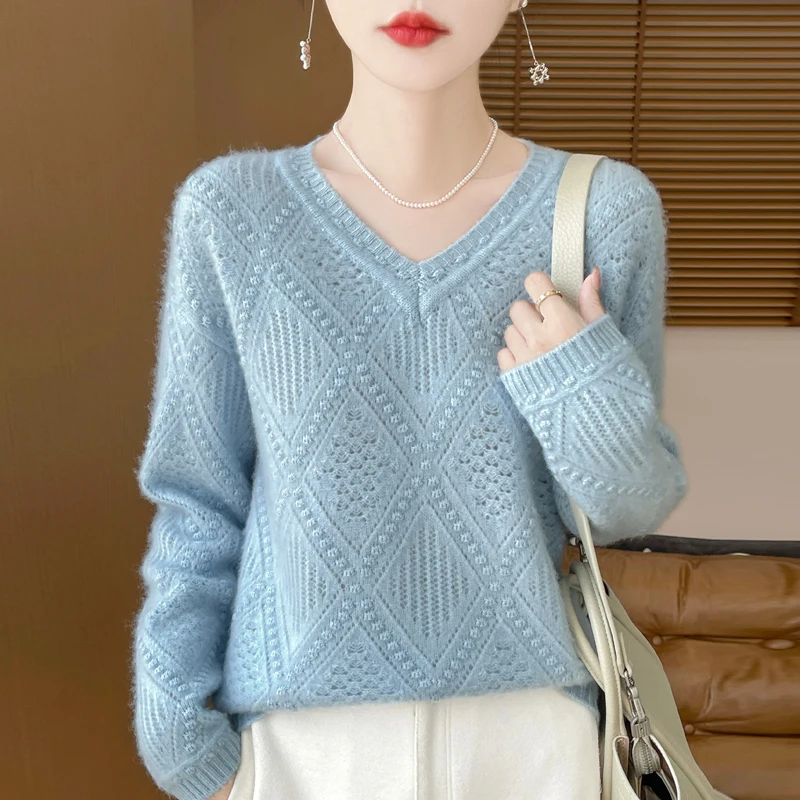 

New women's classic knitted Australian pure wool pullover sweater long sleeved V-neck sweater casual high-quality warm top