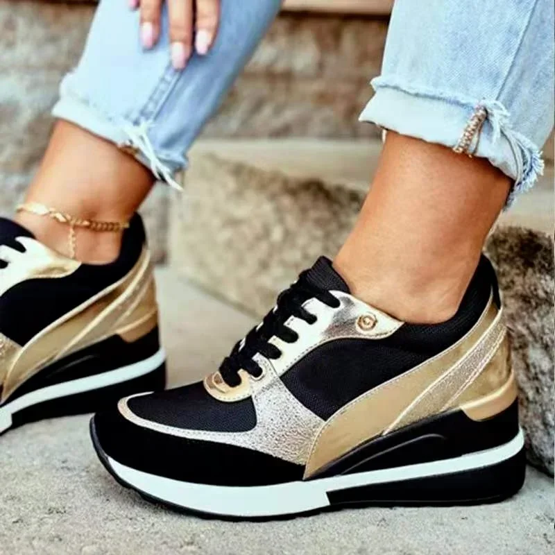 Autumn Winter New Color Matching Spring Low-top Daily Black Gold Breathable Round Toe Women Slope Heel Casual Female Shoes