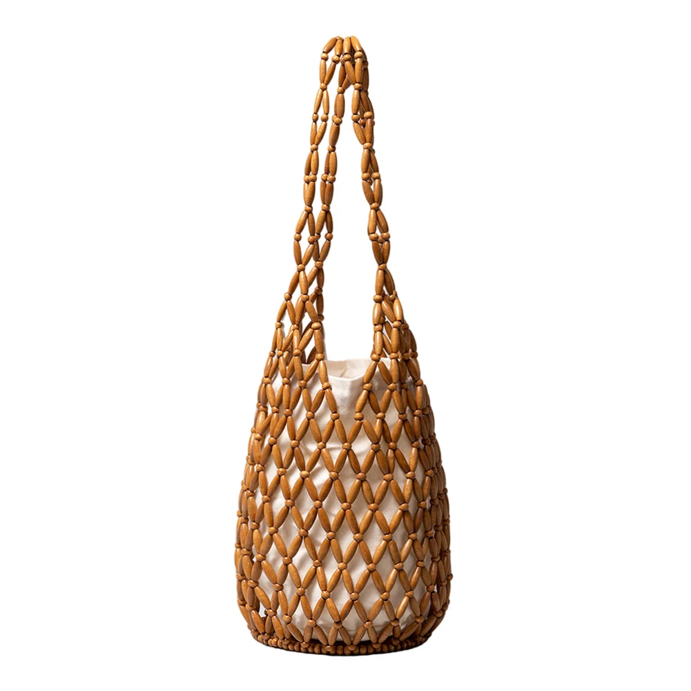 

Wooden Beading Hollow-out Tote Bag Bucket Shoulder Bag Handmade Beaded Shoulder Bag Casual Beach Handbag for Women