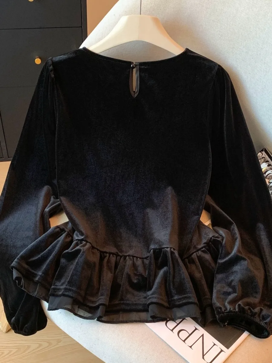 Atasan Wanita Berbahan Beludru dengan Hiasan Berat, Model Self-Kee, Cocok untuk Musim Gugur dan Musim Dingin, Dapat Dipakai Sebagai Dalaman atau Luaran, Motif Bunga di Bagian Bawah