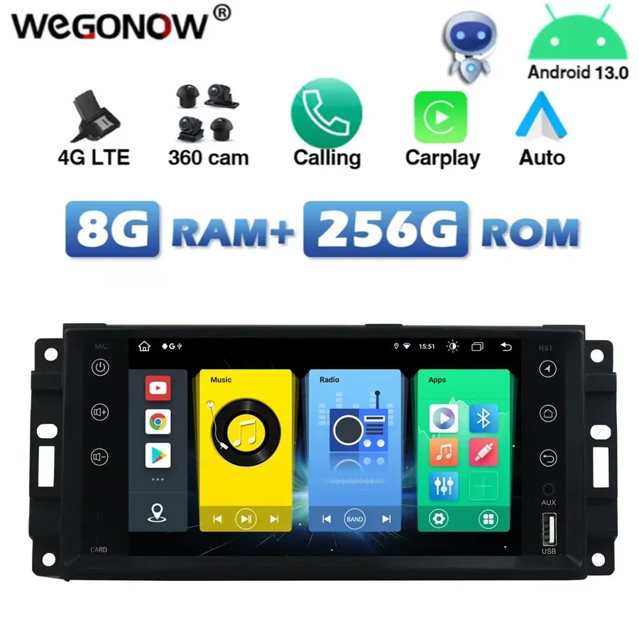 4G SIM DSP Carplay Android 13.0 8G+256G Car DVD Player GPS Radio wifi Bluetooth For Jeep Sebring Grand Cherokee Compass Wrangler