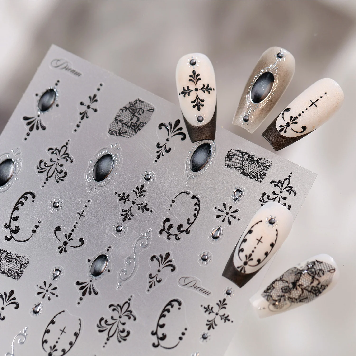 Black Hollow Lace Retro Court Nail Sticker European Curly Vine Oval Artificial Gem Vintage French Decal Self Adhesive Manicure