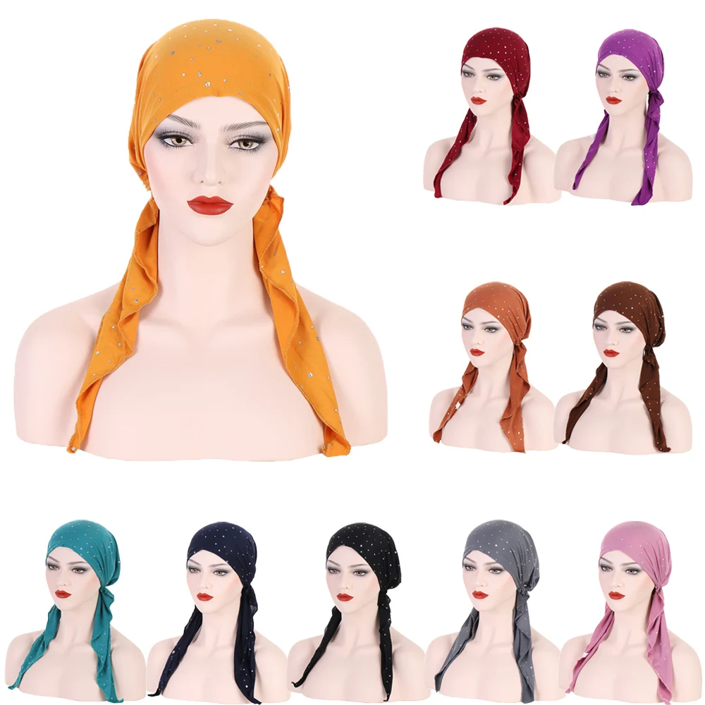 

New Muslim Inner Hijab Turban Women Pre-Tied Cap Long Tail Headscarf Wrap Beanies Bonnet Head Scarf Stretch Headwear Ninja Hat