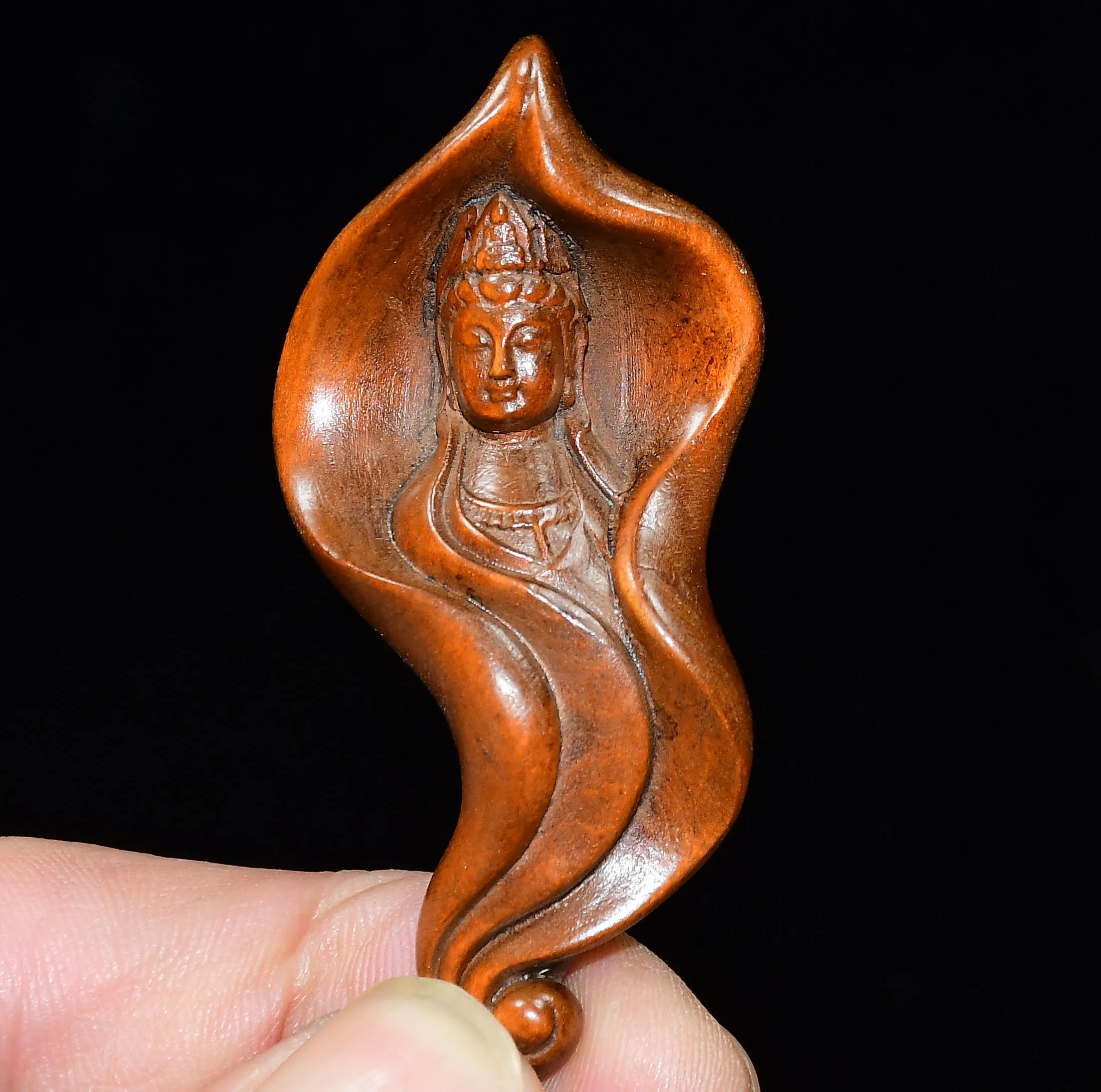 

2"Old Boxwood Lotus Guanyin Bodhisattva Buddha Plaque Pendant Amulet Dharam Town house Exorcism
