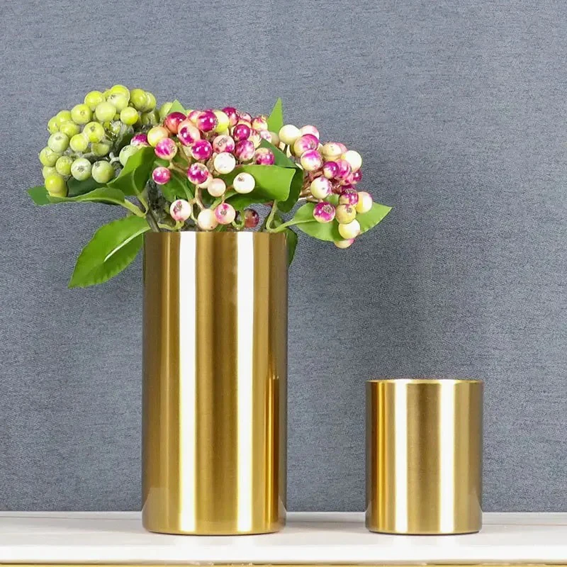 Creative Cylindrical Gilded Metal Vase Artificial Flower Flower Arrangement Countertop Decoration Hydroponic Vase Art Decoration