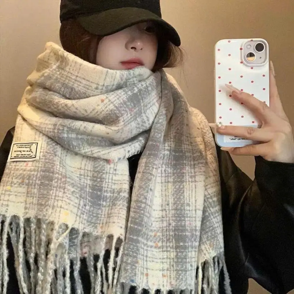 

Модный зимний теплый шарф в клетку, ветрозащитный, толстый, с длинными кисточками, разноцветный, в горошек, мягкий женский шарф-палантин