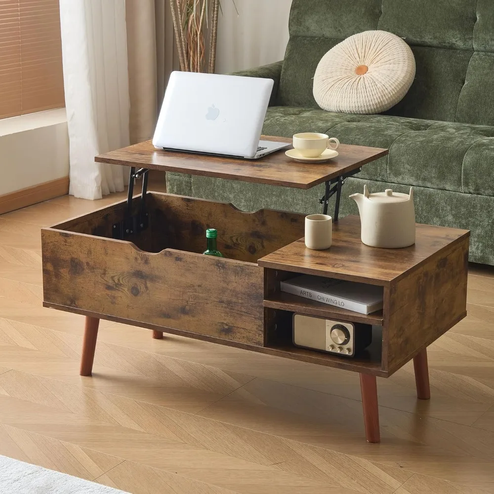 

39-Inch Wooden Coffee Table with Hidden Compartment & Adjustable Storage Shelves - Versatile Center Table for Home, Living Room