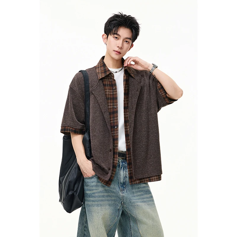 Men's Short Sleeve Shirt Summer Trendy Versatile Frosted Texture Faux Two-Piece Top Streetwear Cool Daily Travel Leisure Blouse