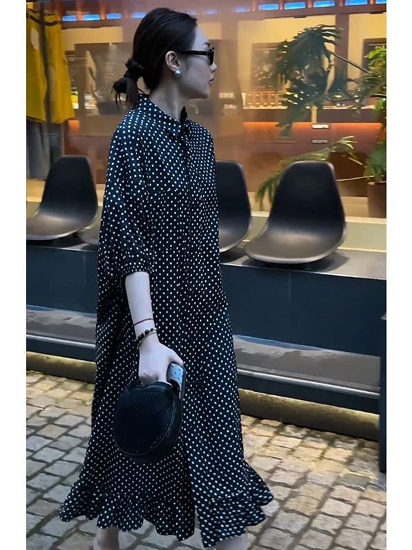 

plus Size Ele Polka Dot Casual Collar Women's Dr Tee Quarter Sve mid Length a Line Skirt Autumn Faion