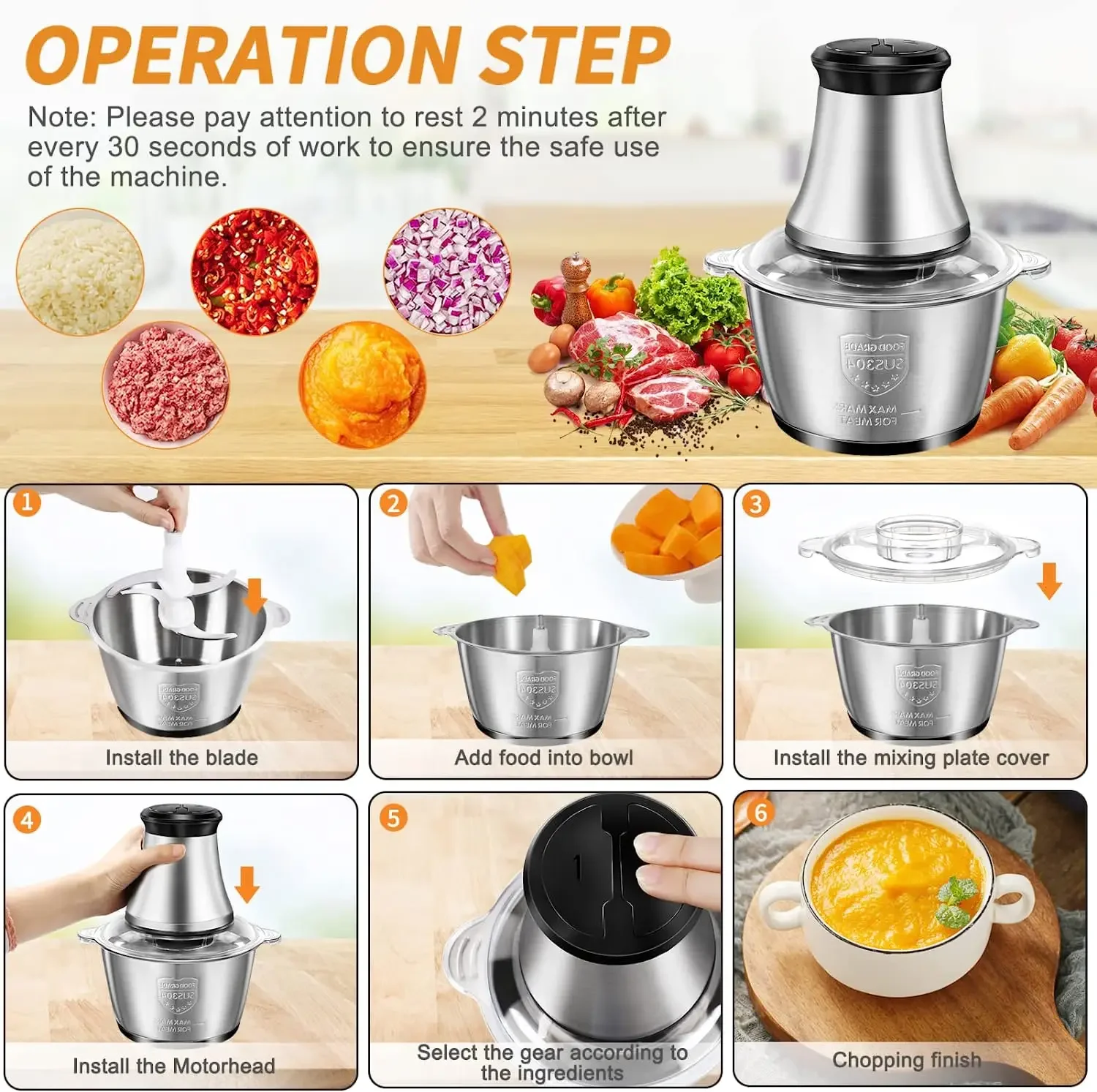 Electric Meat Grinder Stainless Steel Chopper Kitchen Utensils Vegetable Grinder Slicer Household Blender Food Processor Tools