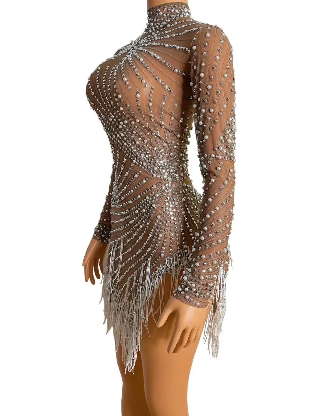 Birthday Celebrate Party Show Dress Shining Pearl Rhinestones Transparent Fringes Mini Dresses sexy Nightclub Outfit