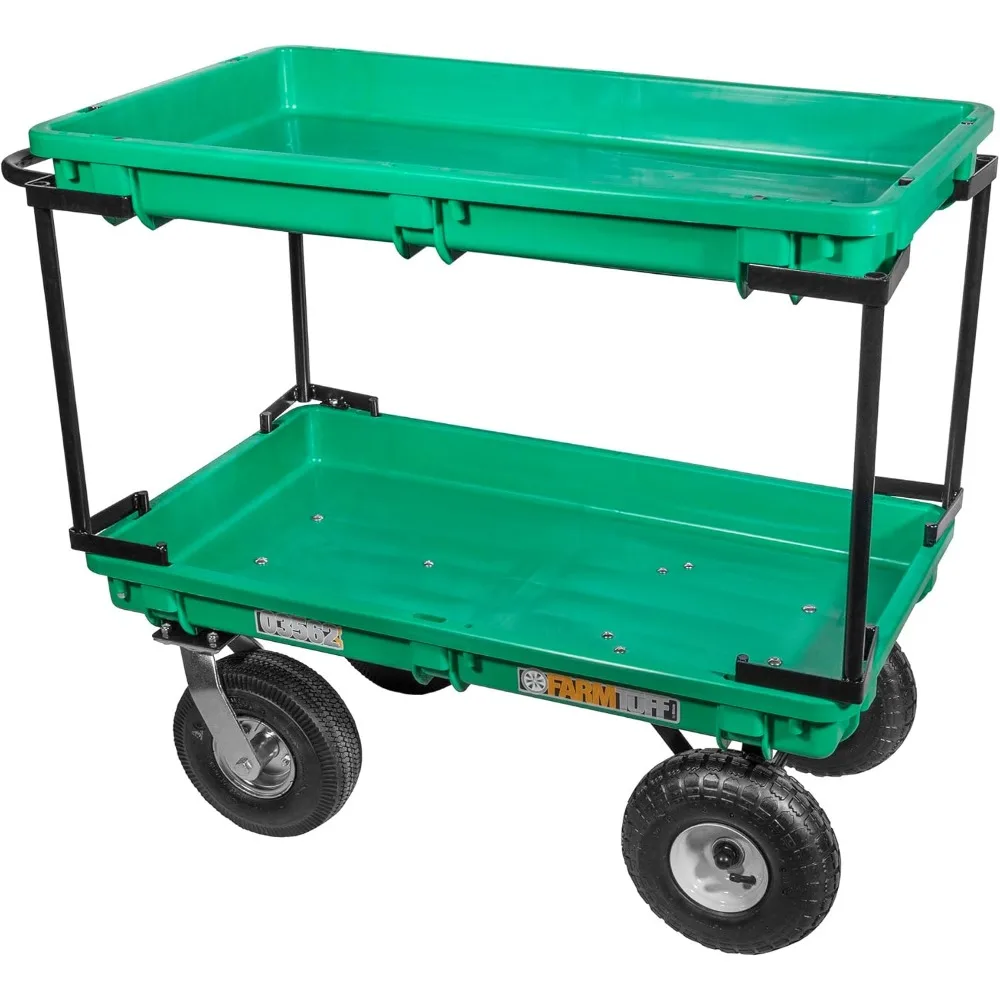 

farm tuff durable plastic double deck garden wagon utility shop cart with pneumatic tires for outdoor hauling, green, 20" x 38"