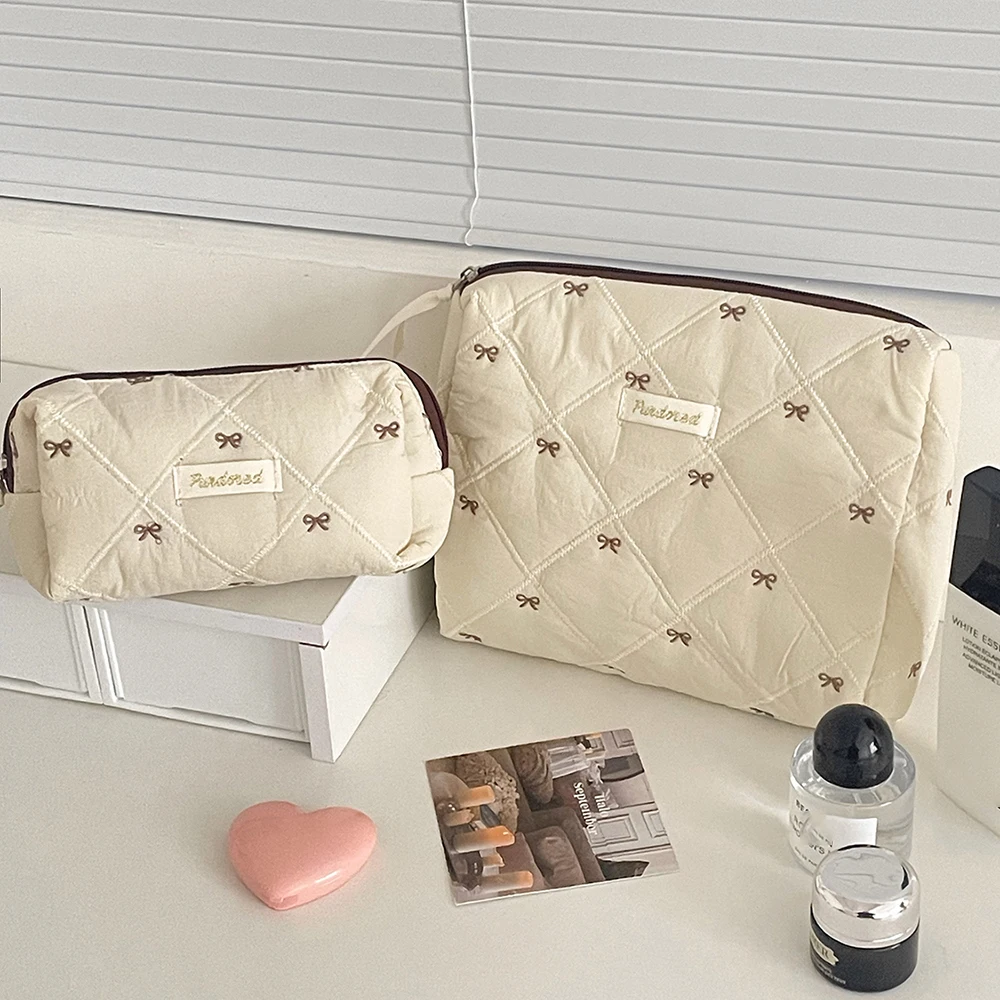 Fashion Brown Bow Cake Women Makeup Zipper Bag Large Capacity Tote Organizer Toiletry Cosmetic Pouch Ladies Make Up Handbag image 4