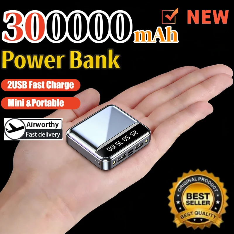 Портативное зарядное устройство Mini Power Bank 300000 мАч с зеркальным экраном и LED-дисплеем, внешний аккумулятор для iPhone, Xiaomi, Huawei, НОВИНКА