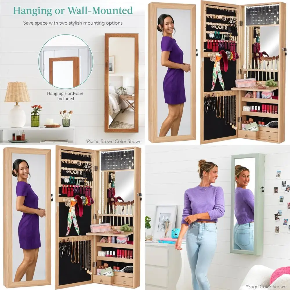 

Высокий запираемый настенный шкаф для украшений из натурального дуба с зеркалом, ящиками и подносом для косметики