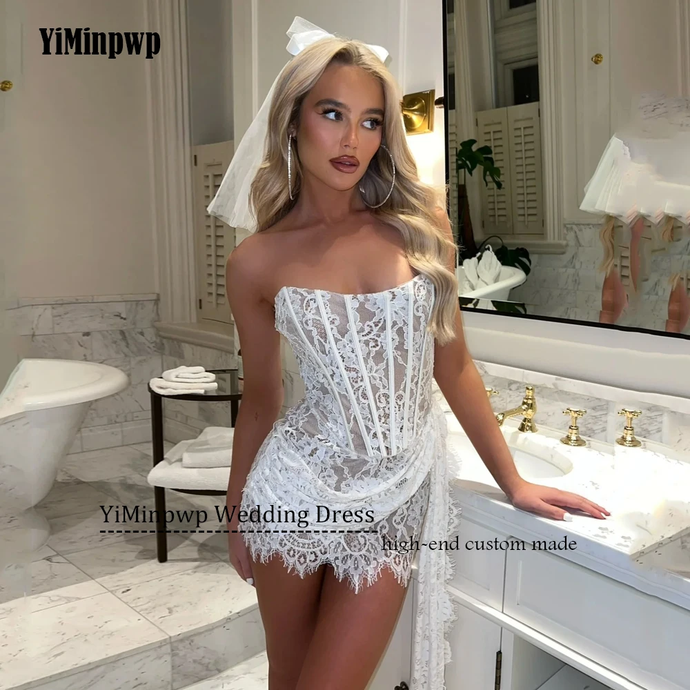 فساتين زفاف مثيرة بدون حمالات قصيرة/ميني غمد مع مطاط طويل مخصص مزين بالدانتيل فساتين سهرة رسمية فوق الركبة