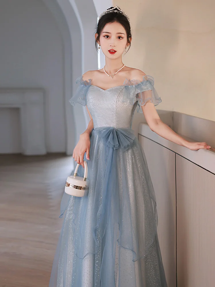 

Blue Evening Dress French Style Off Shoulder Floor-Length Prom Dresses 2023 Temperament Glitter Banquet Gowns