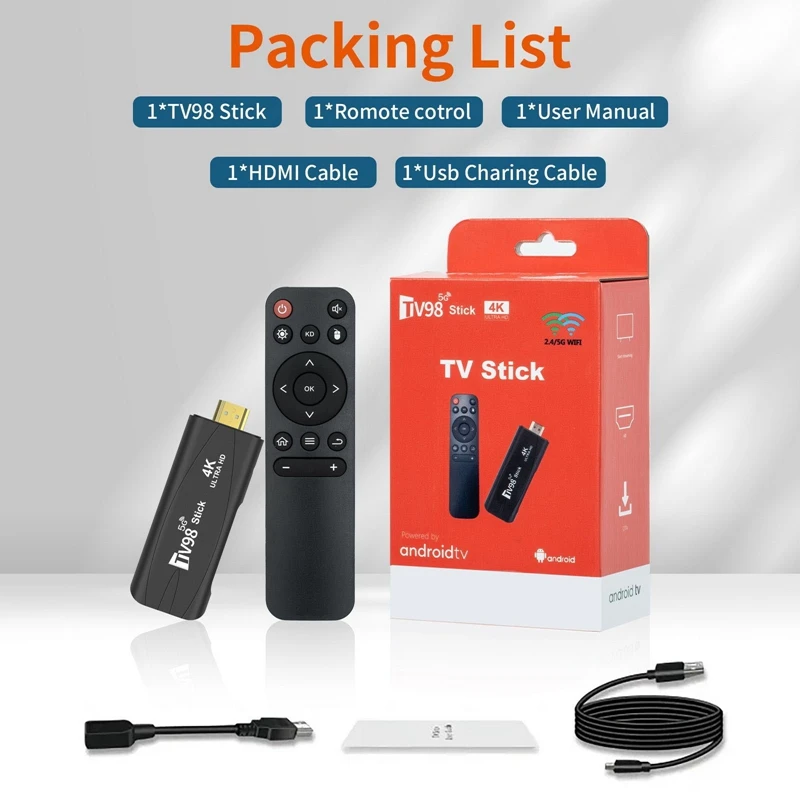 1 PCS TV98 TV STICK 1G+8G Android 12.1 2.4G 5G Wifi Android Smart TV BOX 4K 60Fps Set Top Box (US Plug)