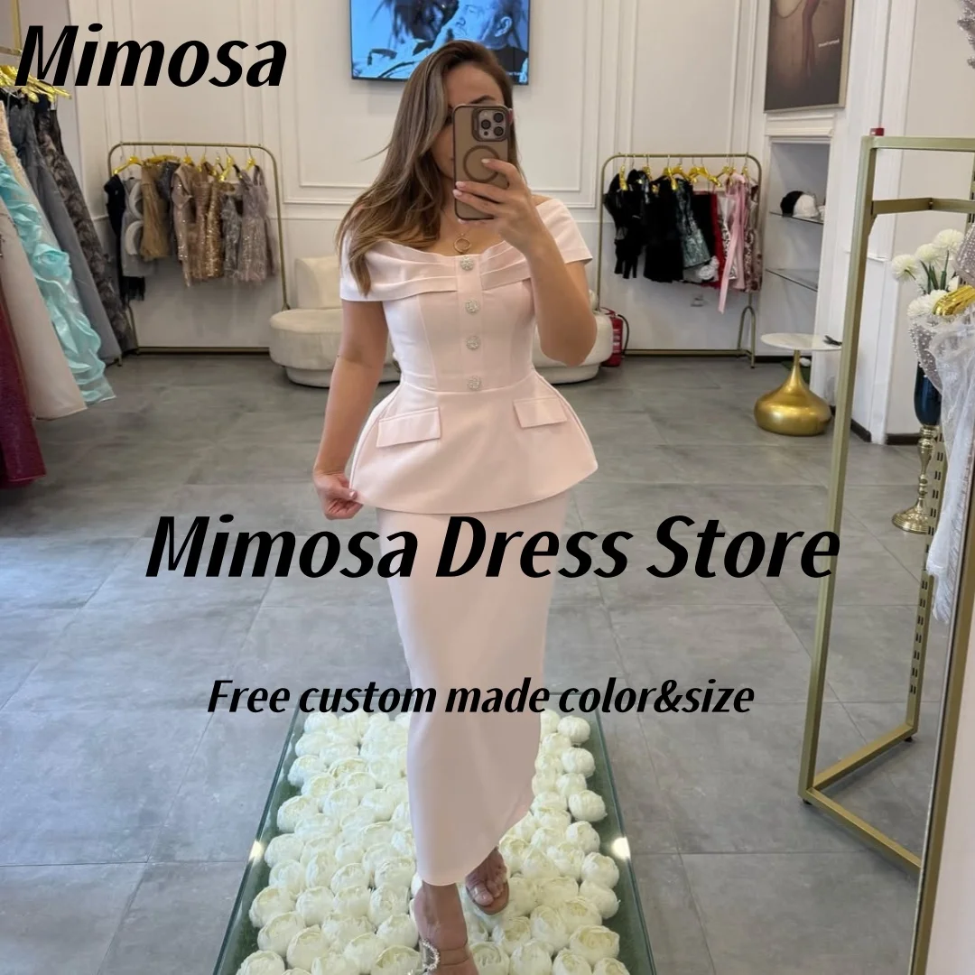 

Mimosa Elegant Ruched Boat Neck Prom Dresses with Peplum Zipper Back Evening Gowns Ankle Length Wedding Party Dress Customized