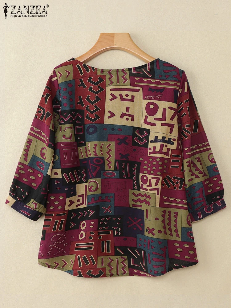 ZANZEA, blusa con estampado Floral de verano para mujer, camisas de manga 3/4 con cuello redondo, Túnica Vintage para vacaciones, Tops informales sueltos de algodón, Blusas Chemise