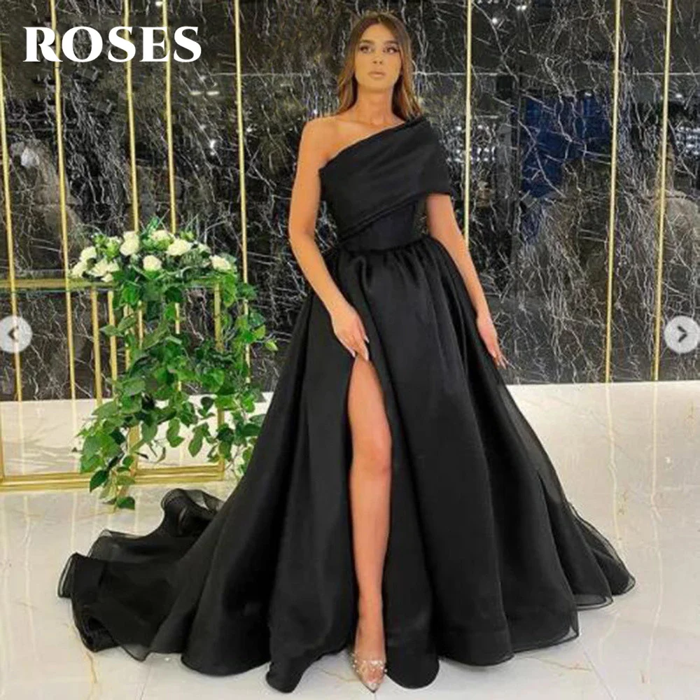 ROSES High Split Prom Dress Tulle Evening Party Dress Court Train Prom Gown One Shoulder Ball Gown Vestido De Festa Customized