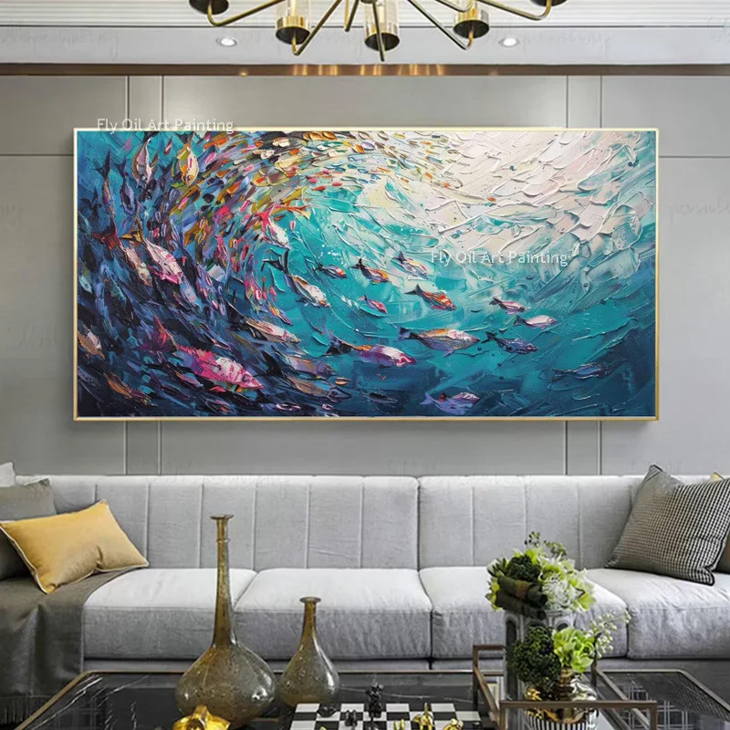 Navy Blue Deep Ocean Wall Art Red Yellow Fishes School Canvas Thick Artwork  Light Blue Green Seascape Handmade Oil Painting