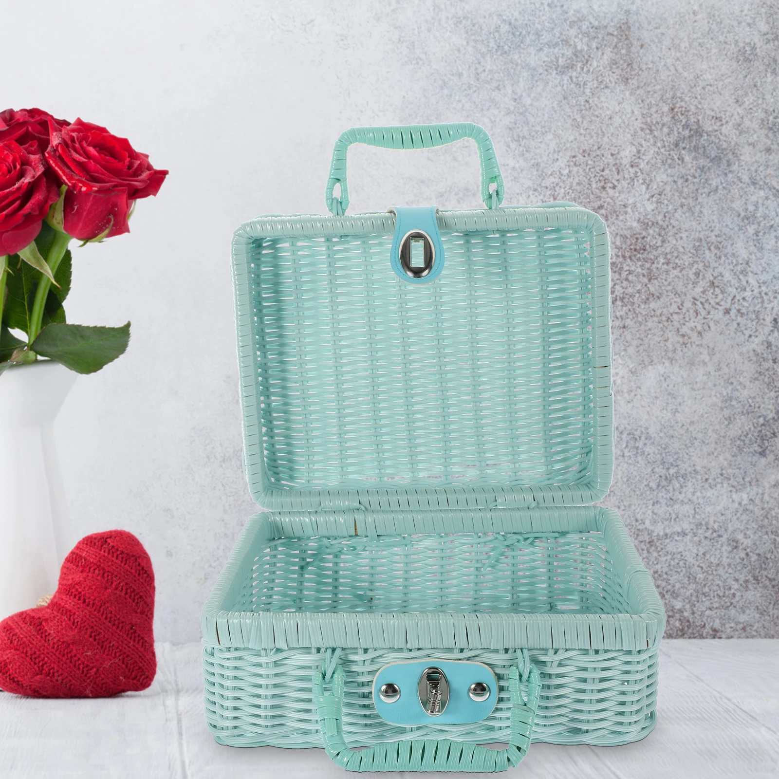 

Imitation Rattan Storage Basket Shallow Blue 22X17X11CM Vintage Handwoven Retro Woven Baskets for Home Office Decor Photography