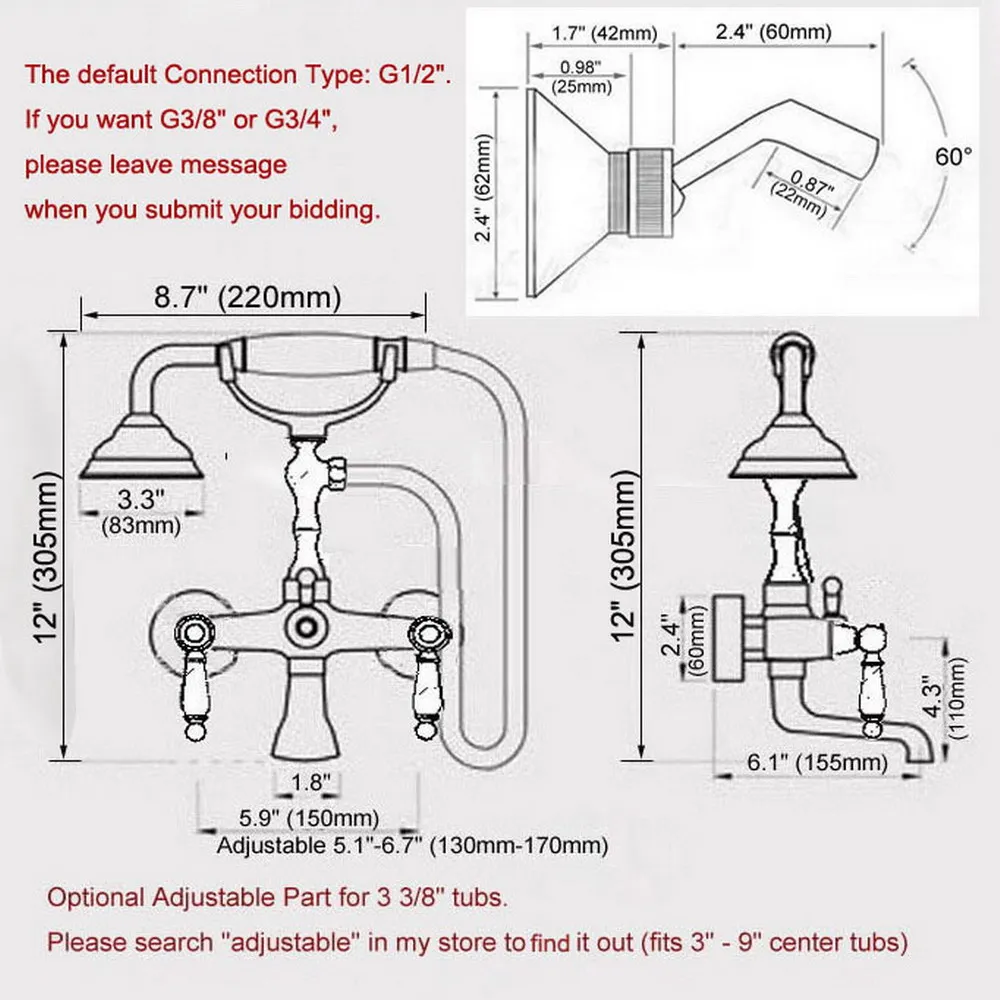 Chrome Brass Double Handle Wall Mounted Bathroom Tub Faucet Set with 150CM Hand Held Shower Spray Mixer Tap 2na702