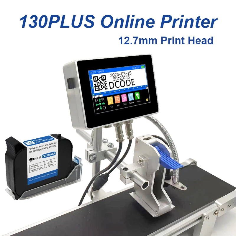 DCODE 130PLUS Industriële online inkjetprinter 12,7 / 25,4 mm mondstuk met 4,3 inch scherm QR barcode batchnummer logo datumprinter
