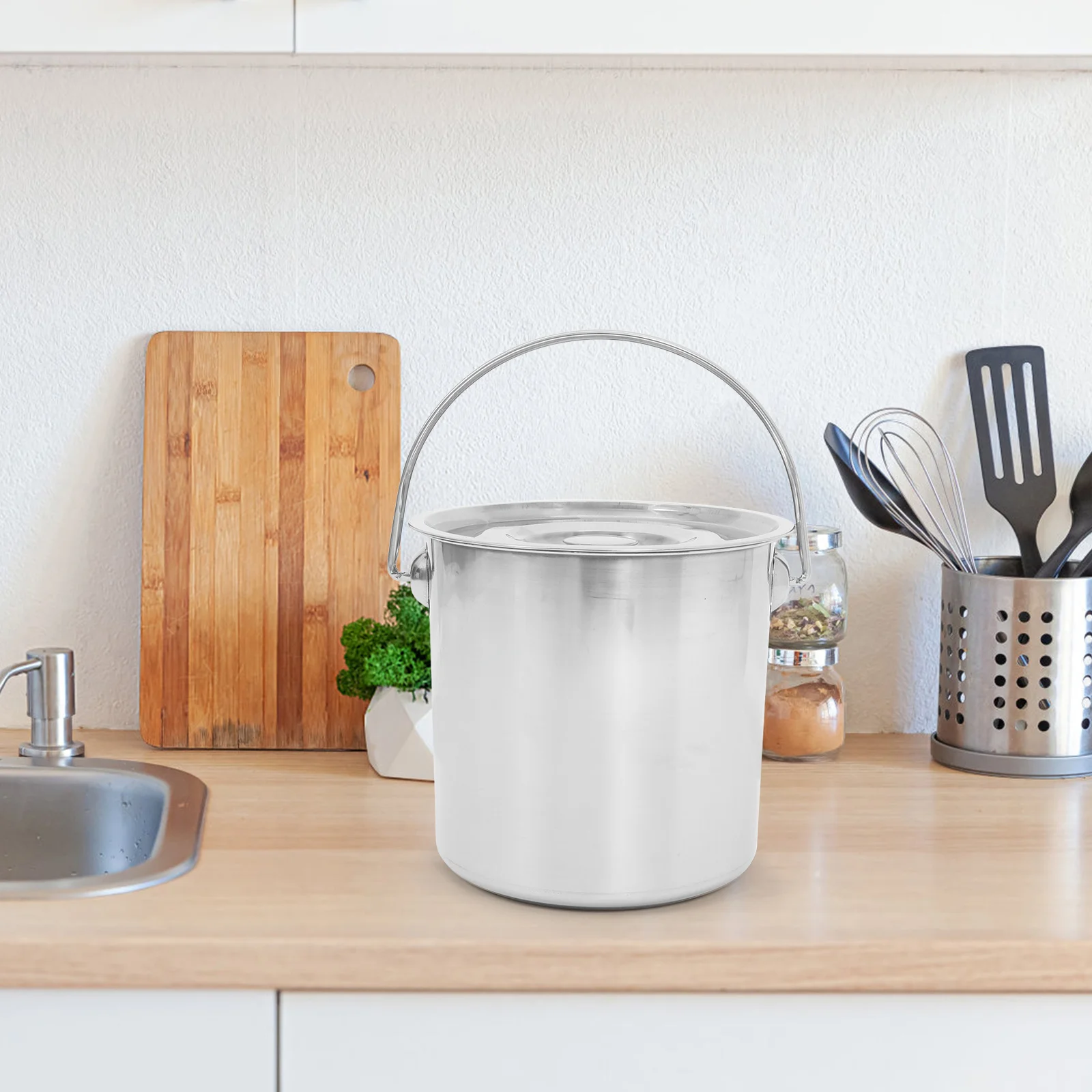 

Stainless Steel Bucket Lid Handle Metal Pail Kitchen Storage Water Milk Rice Versatile Commercial Home Use