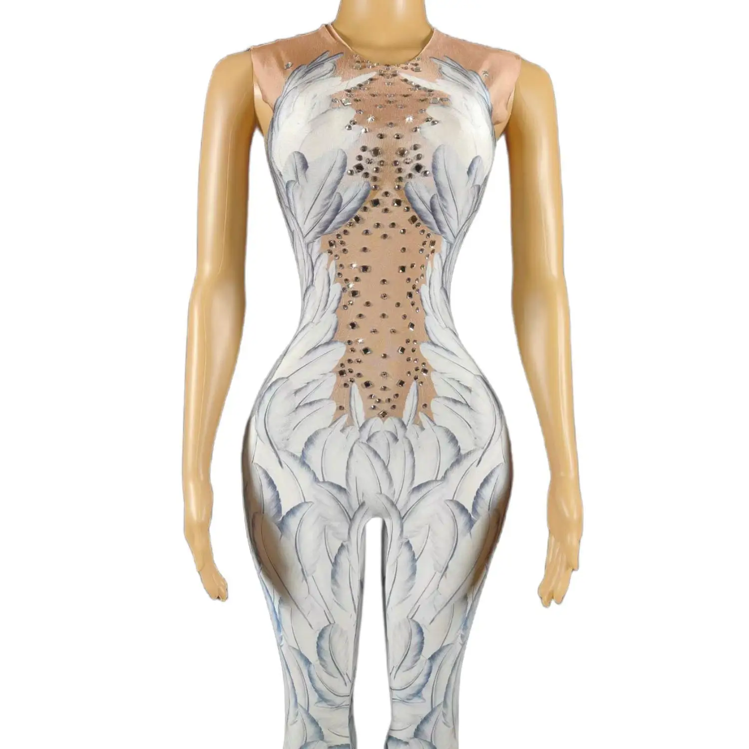 Fangtianshi High Elasticity Women Jumpsuit White Feather Print Tight Pants Bar Stage Performance Costume Birthday Prom Gowns