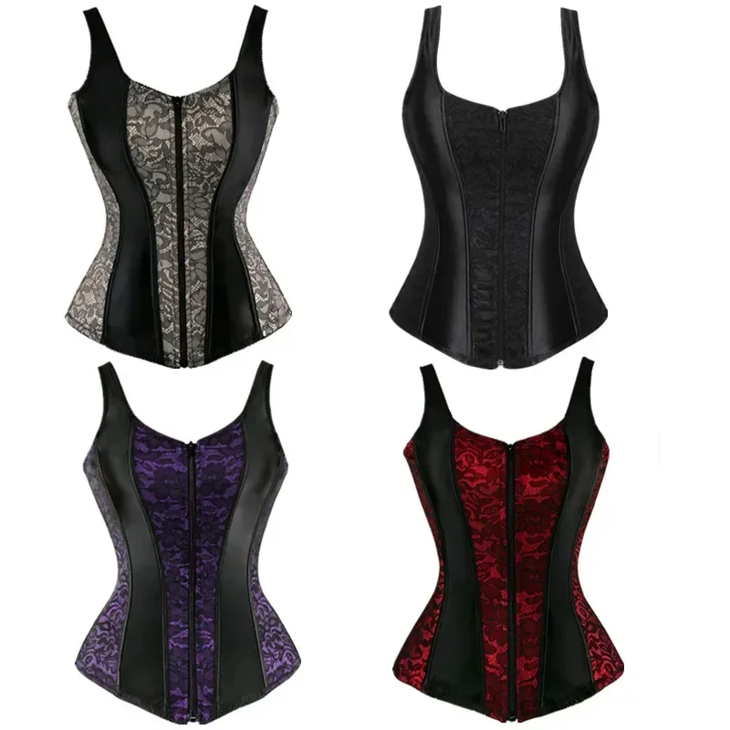 

Steampunk Women Corset with Straps Overbust Bustier Floral Jacquard Zipper Top Gothic Corsets