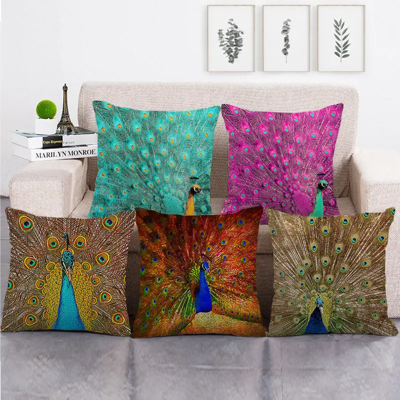

Oil Painting Colorful Wild Peacock Pillow Covers 45*45cm Cushion Cover Linen Pillows Cases Car Sofa Home Decor Bird Pillow Case