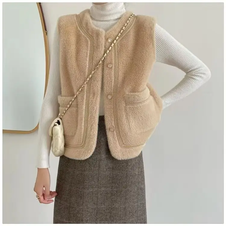 

Women Fashion Round Neck Vest Women Solid Color Autumn Winter Korean Style Layering Top Versatile Imitation Mink Fur Vest TS519
