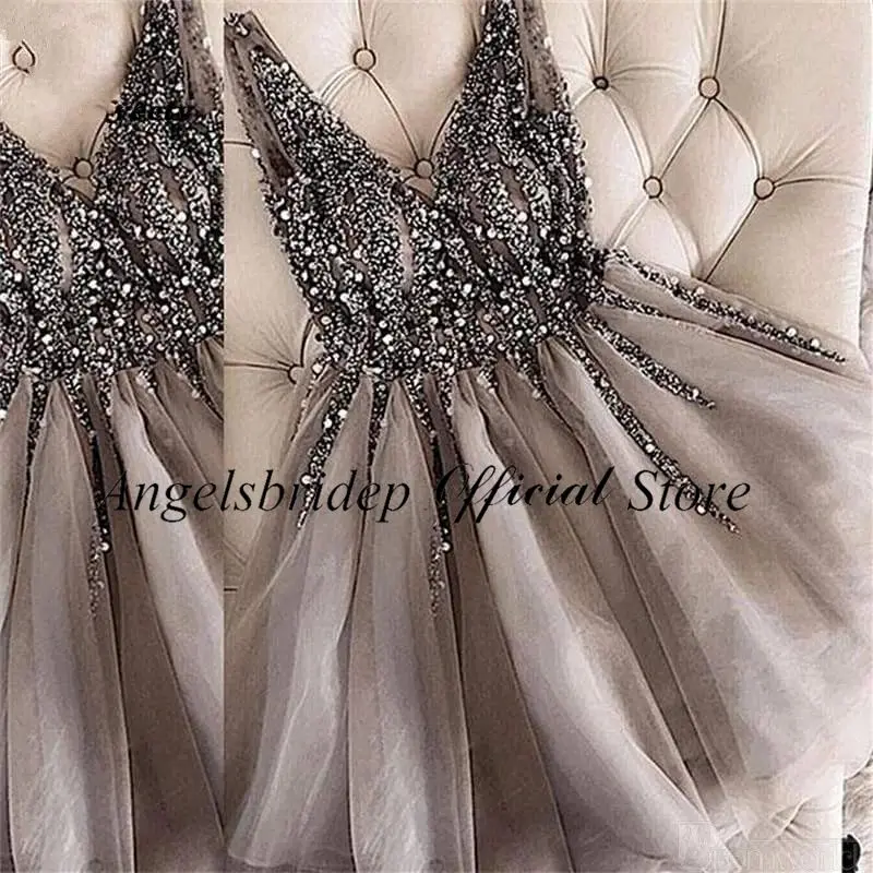 Angelsbriep decote em v curto vestidos de baile tule glitter cristais uma linha menina formatura vestido de festa formal robes de bal