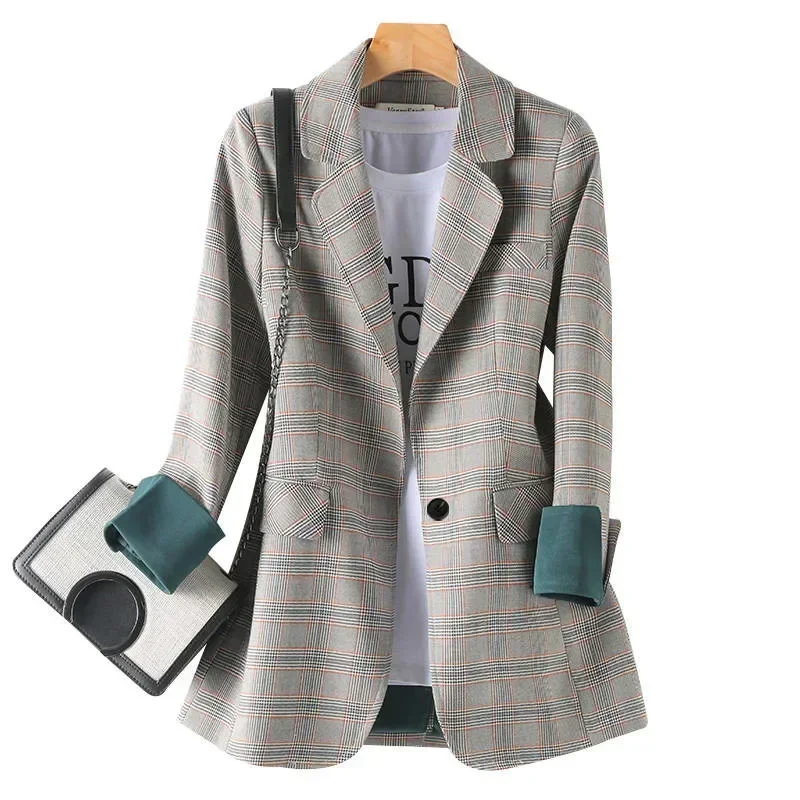 Jacket Women Blazers High Quality Plaid Blazer Women Vintage Coats Casual Female Long Sleeve Loose Office Ladies Suit Coat 2024