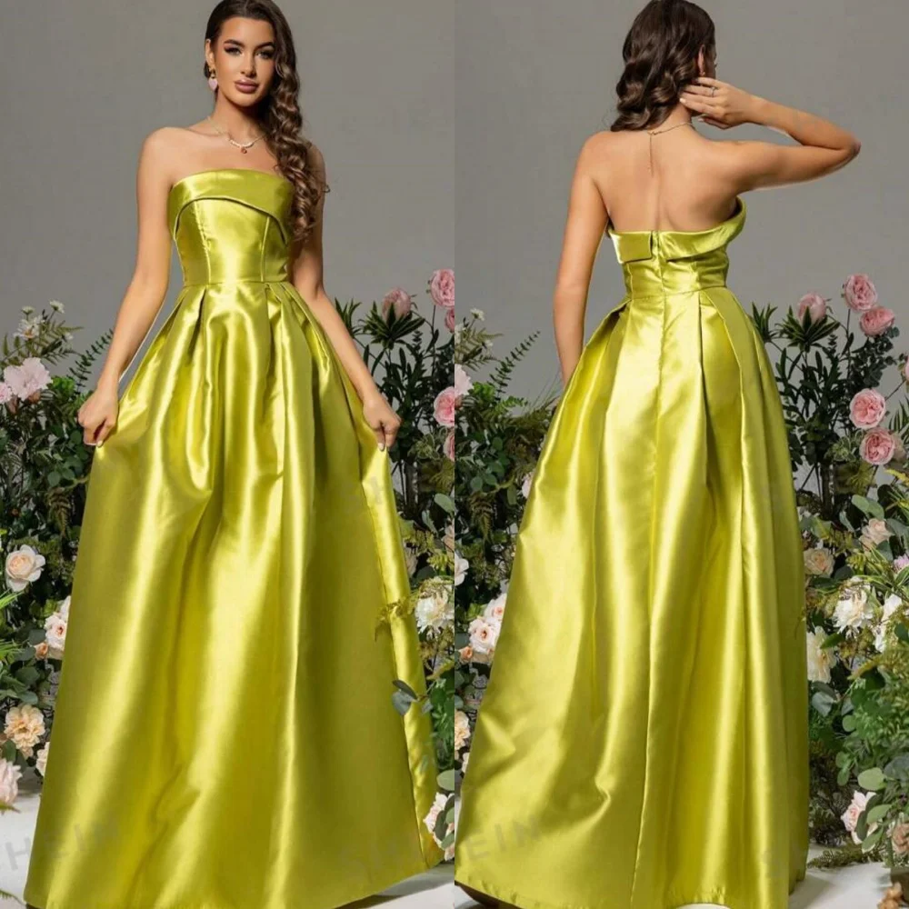 

Satin Draped Pleat Birthday A-line Strapless Bespoke Occasion Gown Long Dresses Evening Saudi Arabia Prom