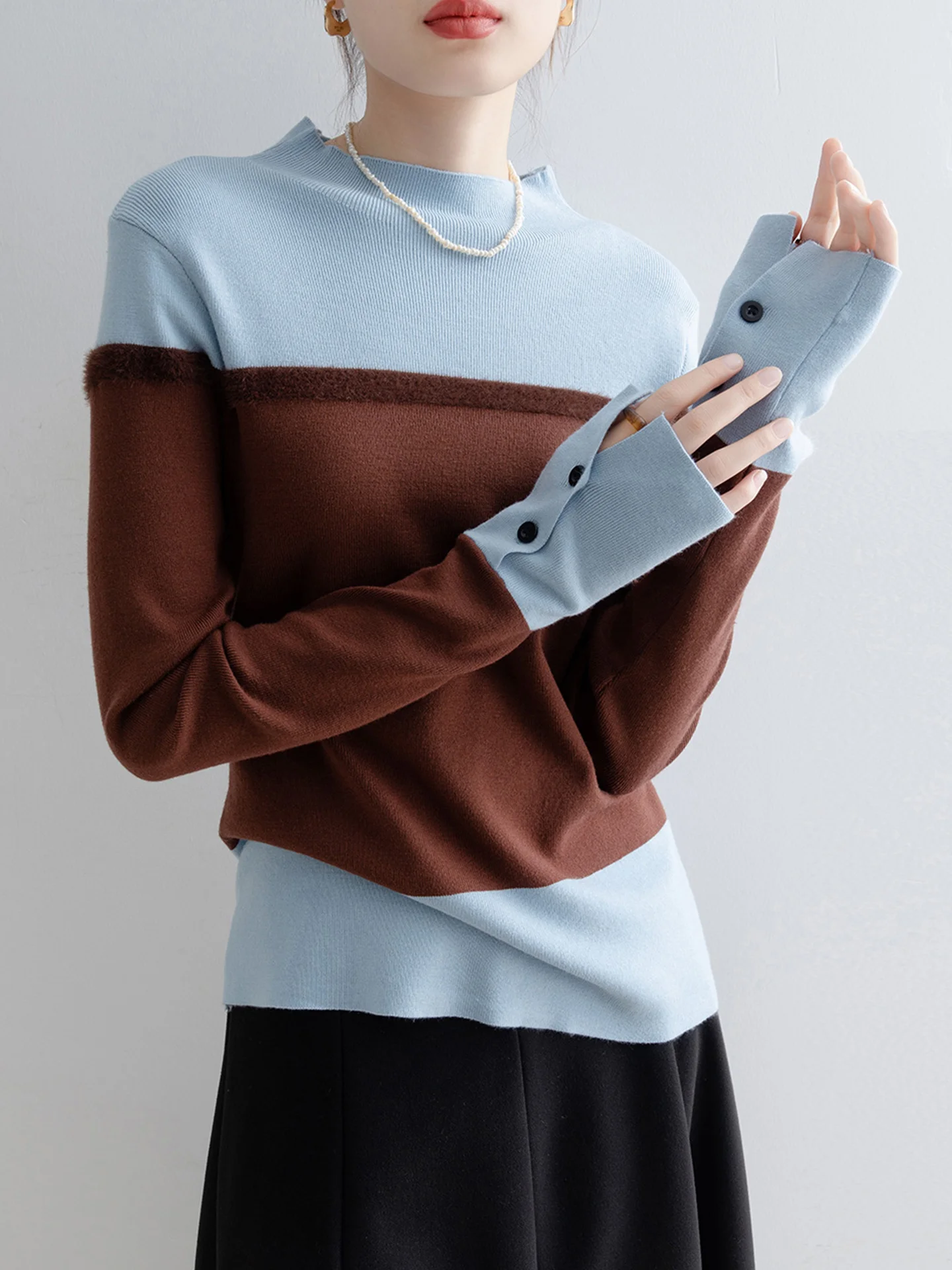 

Retro Long Sve Knitted Sweater Chic Design Sense Color Blo Camere Inner Wear Comfortable Fit Sli Autumn Faion Wo...