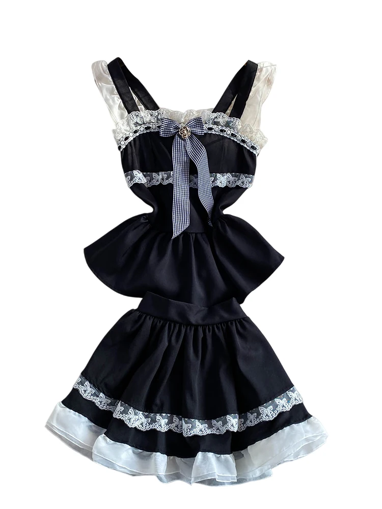 Elegant  Knot Lace  Slimming Puffy Skirt High Waist Cake Skirt Two Piece Set Strap Top Fashionable Commute Style