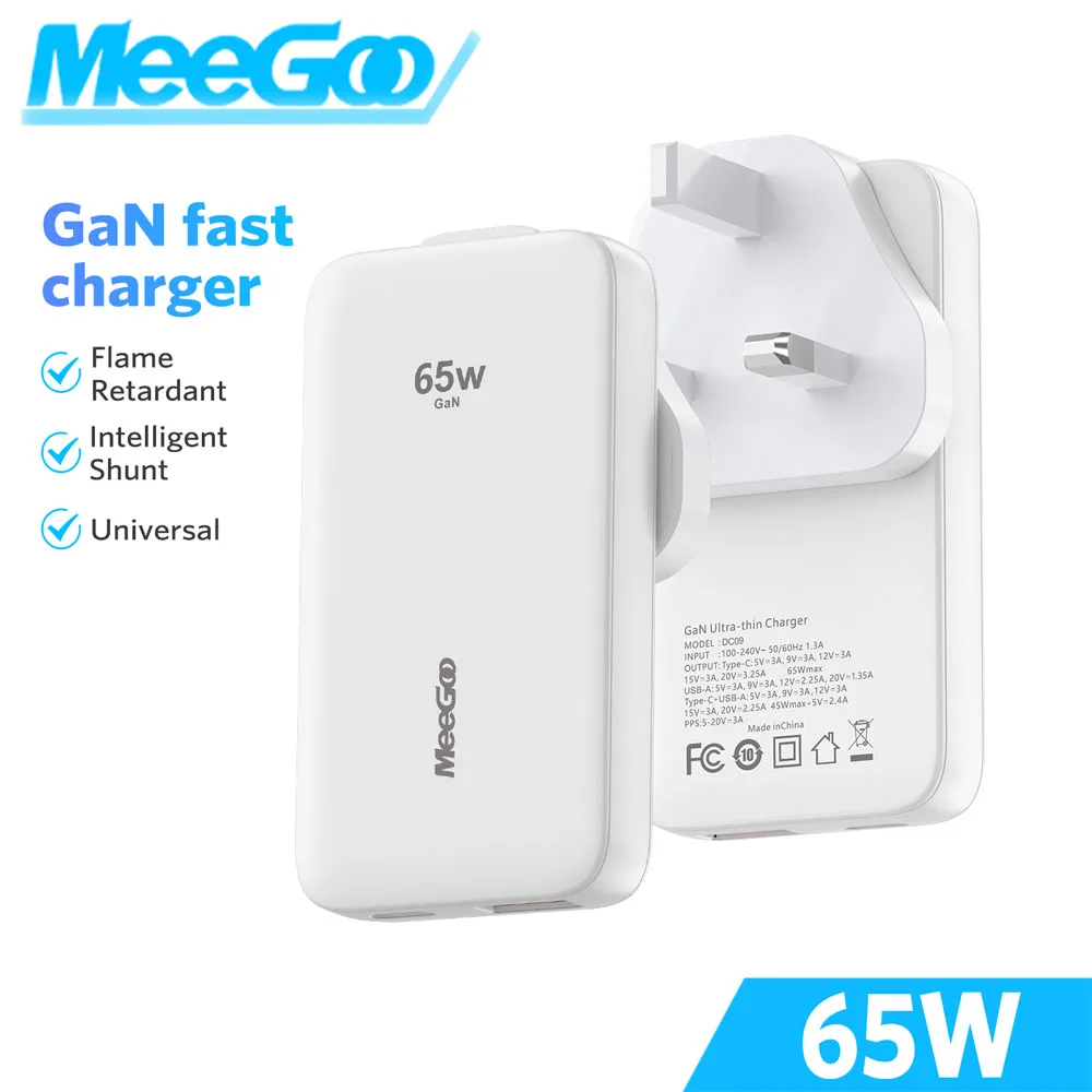

MeeGoo GaN 65W Ultra-Thin PD Fast Charger with Foldable Feet USB Type C for all phone macbook Pro ipad Laptops Wall Adapter