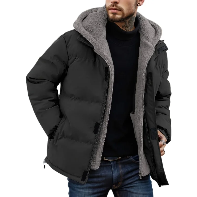 

Winter Windproof Men's Jacket Casual Fake Two Hooded Bread Coat Detachable Hood Zipper Front Long Sleeves Pockets Overcoat