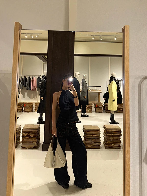 

Summer 2025 Women's High Waist Wide Leg Jeans Top Ne Hanging Svel Faionable Queen Sle Design Two-Piece Set Polyes...