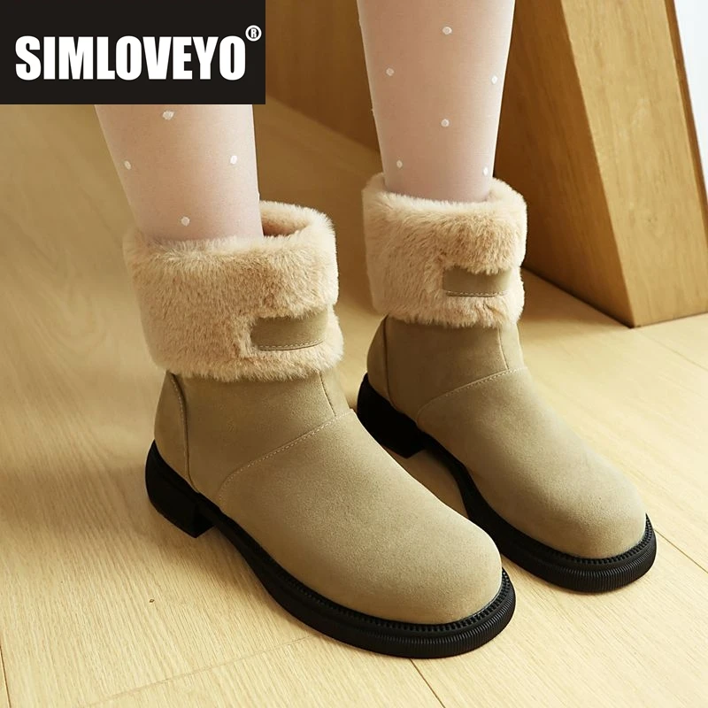 

SIMLOVEYO Зимние зимние ботильоны из флока, замши, толстые каблуки 3 см, теплые плюшевые женские ботильоны без шнуровки, большие размеры 42 43 US12, повседневные уличные ботильоны