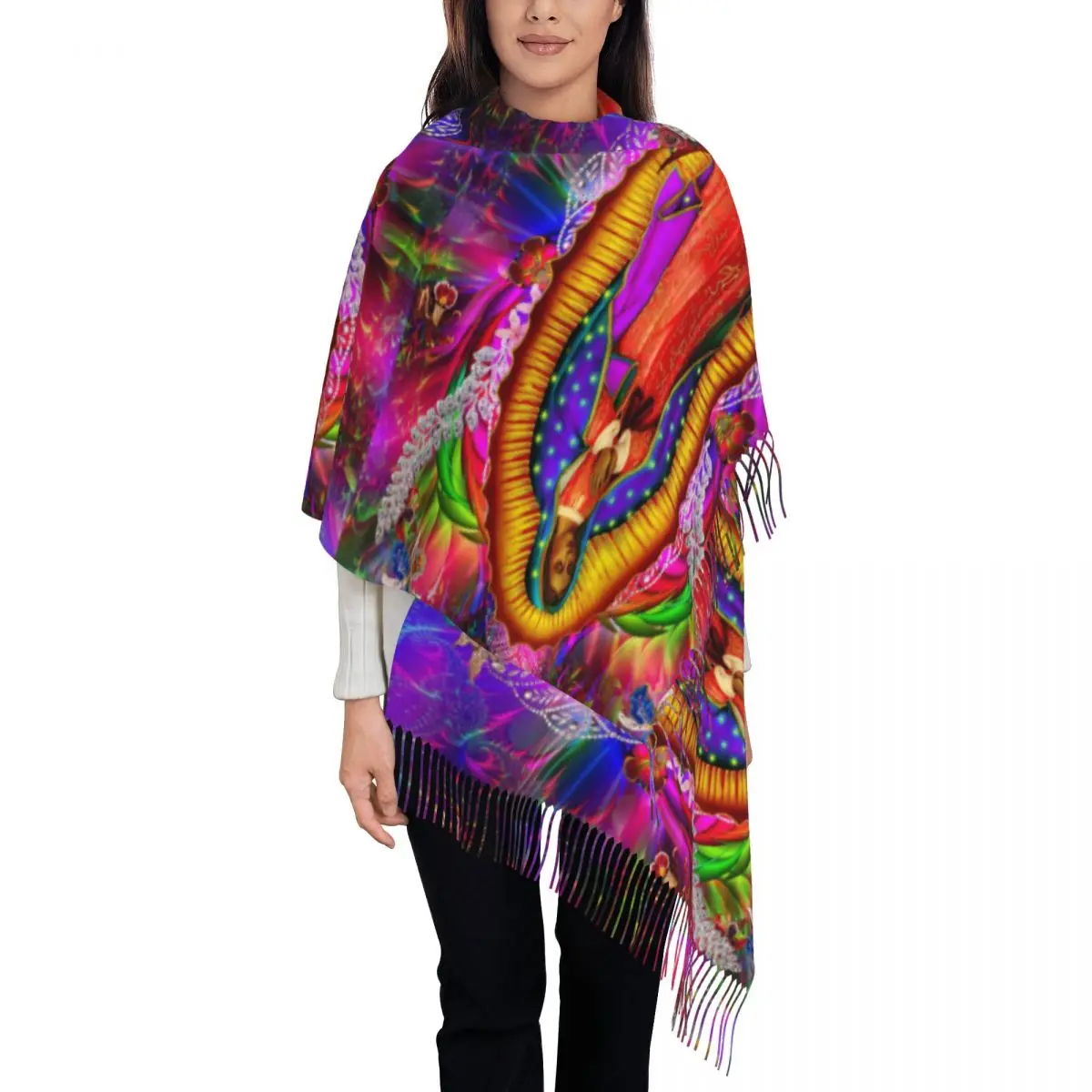 

Virgin Mary Christian Scarf for Womens Warm Winter Pashmina Shawls and Wrap Our Lady of Guadalupe Long Scarves with Tassel