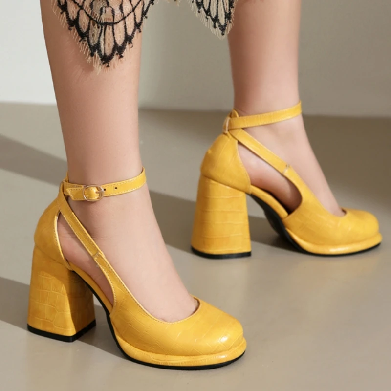 Close Toe Red Block High Heels Women Sandals Summer Shoes Pumps Ladies Ankle Strap Elegant Black Nude Party Wedding Shoes Brand view 4