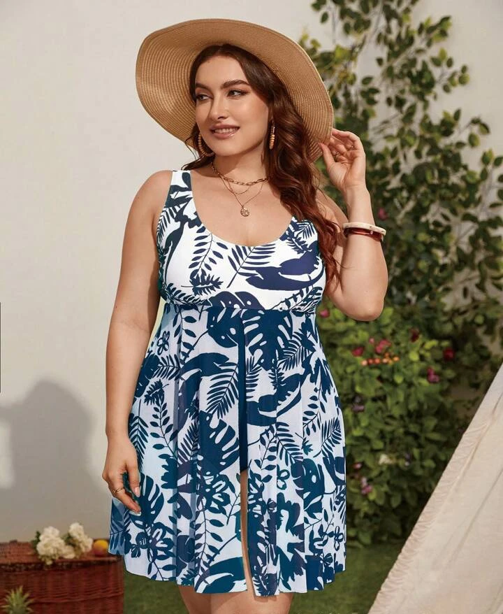 Plant Print Split Hem Monokini Flattering Plus Size One-piece Swimsuits for Women U-neck Summer Skirt Style Split Bathing Suit