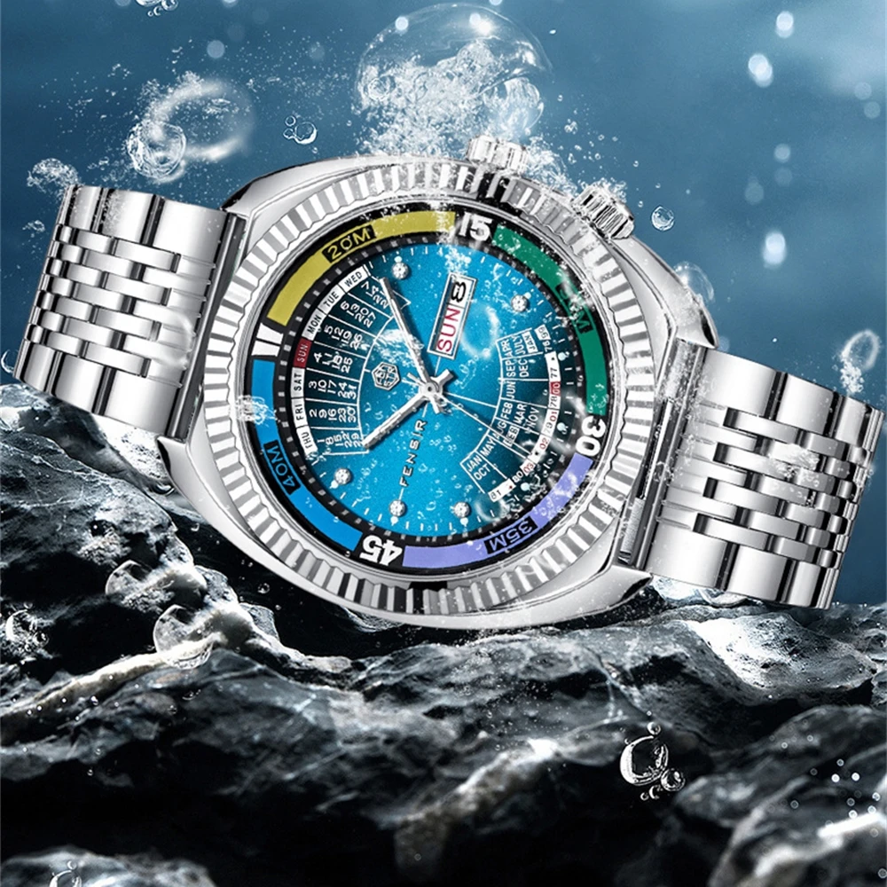 

New Fake Mechanical Large Dial Design Watch For Man 2025 Men's Classic Week Calendar Fashion Steel Belt Luxury Quartz Watches