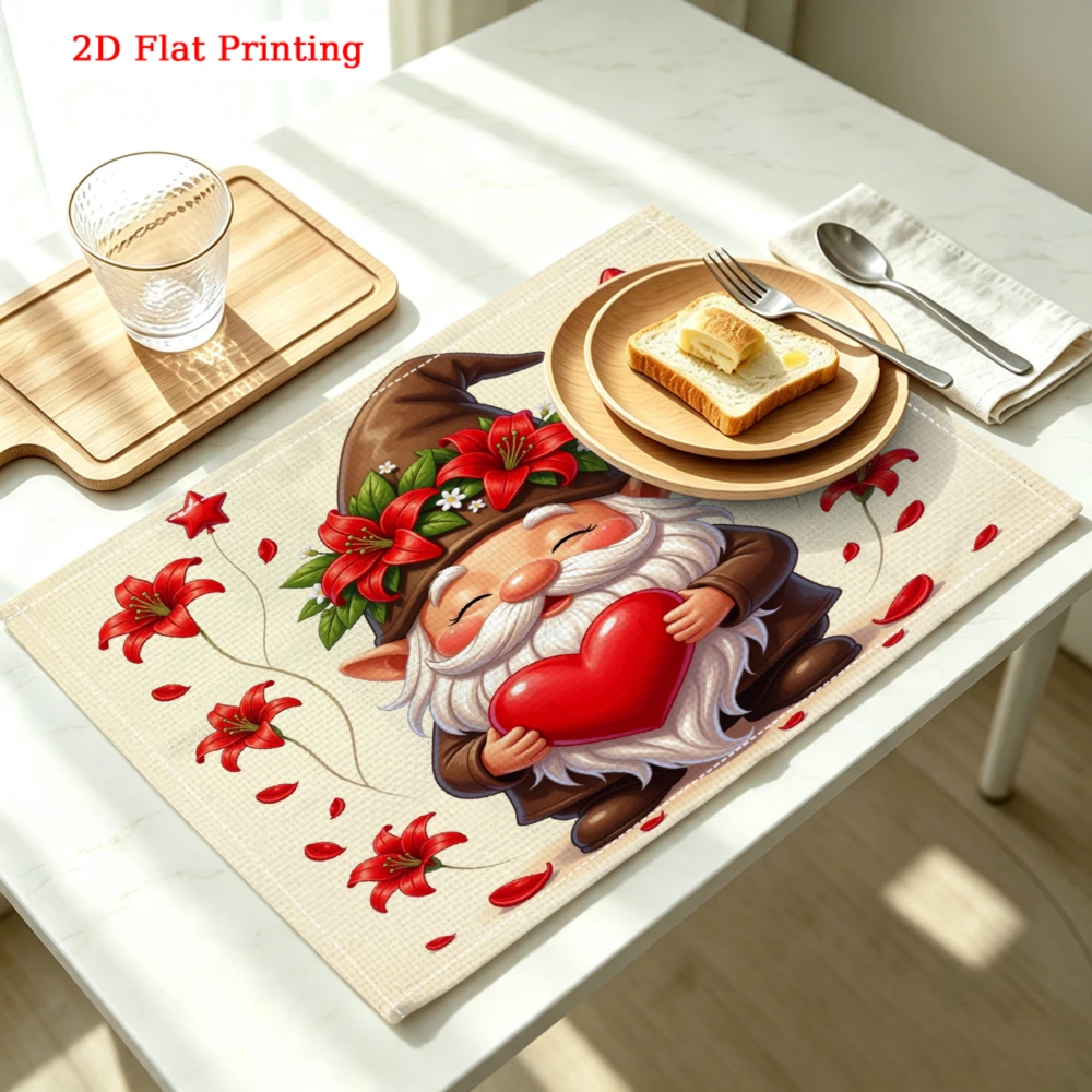 Gnome Holding Red Heart Kitchen Placemat Coaster Linen Pad Dish Coffee Cup Table Mat 30x40cm Home Decor