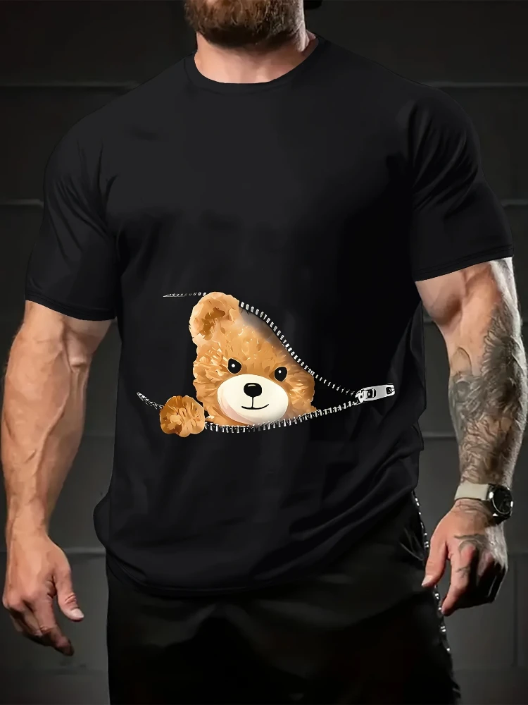 

Men's summer fashion cartoon bear print -100% cotton micro-elastic O-neck short-sleeved sports T-shirt, machine washable.
