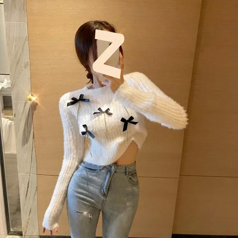 Pink White Blue 3D Bow Rhinestone Chain Sweater Jumper Pull Femme Korean Cropped Mujer Mink Cashmere Sueter Mohair Top V980